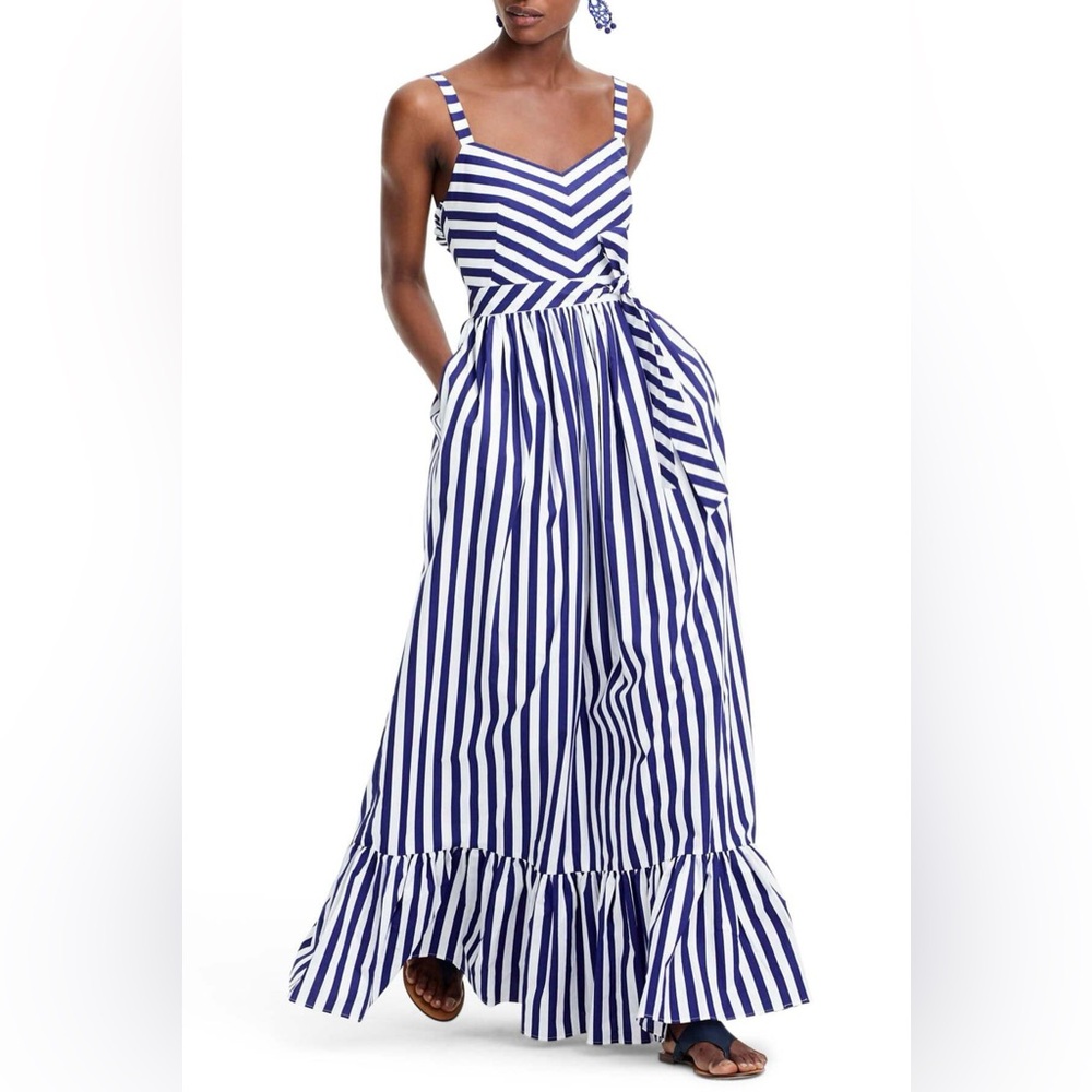 NWT J.Crew Striped Ruffle Maxi in White Deep Orchid Belted Cotton Tank Dress 8